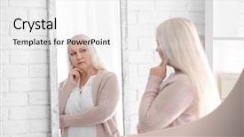  Presentation with near furnace creek in death - Amazing presentation theme having perception de soi - thoughtful mature woman standing near backdrop and a white colored foreground