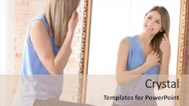  Presentation with mirror - Presentation theme having perception de soi - young woman looking at herself background and a  colored foreground