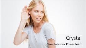  Presentation with hear - Presentation design having perception listening - beautiful blonde woman with hand background and a white colored foreground