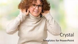  Presentation with hearing - Colorful slides enhanced with perception listening - beautiful middle ager senior woman backdrop and a  colored foreground