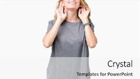  Presentation with hearing - Theme with perception listening - beautiful young woman wearing oversize background and a  colored foreground