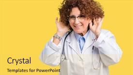  Presentation with listening woman - PPT theme with perception listening - middle ager senior doctor woman background and a yellow colored foreground