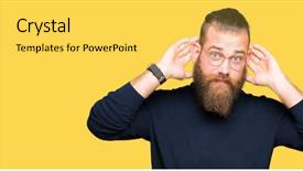  Presentation with elegant man in glasses optics - Colorful presentation theme enhanced with perception listening - young blond man wearing glasses backdrop and a yellow colored foreground