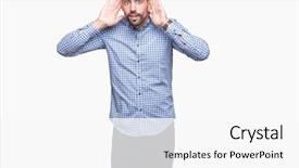  Presentation with perception - Slide deck having perception listening - young handsome man over isolated background and a white colored foreground