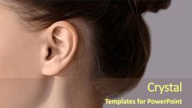  Presentation with perception - Beautiful presentation design featuring perception listening - young woman with hearing problem backdrop and a tawny brown colored foreground