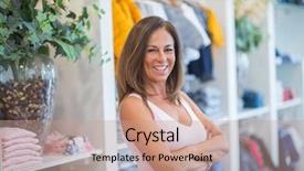 Presentation with clothes shop - Slides featuring perfec asisttant - beautiful middle age hispanic woman background and a  colored foreground