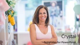  Presentation with right middle lobe - PPT theme having perfec asisttant - beautiful middle age hispanic woman background and a  colored foreground