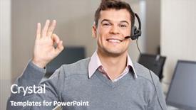  Presentation with customer service - Audience pleasing PPT theme consisting of perfec asisttant - portrait of young male customer backdrop and a gray colored foreground