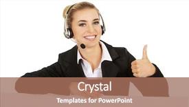  Presentation with call center reporting - Colorful PPT layouts enhanced with perfec asisttant - smille call center woman holding backdrop and a coral colored foreground