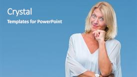  Presentation with thinking - Beautiful slide deck featuring perfect job - middle age blonde business woman backdrop and a teal colored foreground