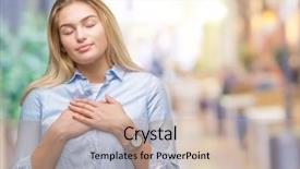  Presentation with chest - PPT layouts featuring perfect job - young caucasian business woman background and a coral colored foreground