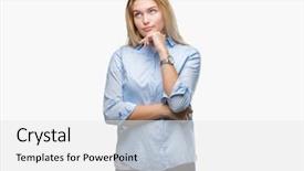  Presentation with question - Audience pleasing PPT theme consisting of perfect job - young caucasian business woman backdrop and a  colored foreground