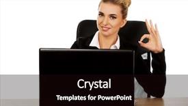  Presentation with desk - Theme with perfect job - young smile businesswoman behind background and a black colored foreground