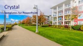  Presentation with apartments - Colorful PPT layouts enhanced with perfect neighborhood apartments in suburb at fall in the north america backdrop and a sky blue colored foreground