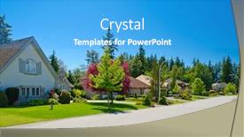  Presentation with neighborhood - Colorful slide deck enhanced with perfect neighborhood houses in suburb at summer in the north america backdrop and a teal colored foreground