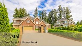  Presentation with north america - Colorful PPT layouts enhanced with perfect-neighborhood-houses-in-suburb backdrop and a coral colored foreground