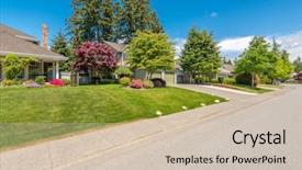  Presentation with neighborhood - PPT theme featuring perfect neighborhood houses in suburb at spring in the north america background and a soft green colored foreground