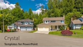  Presentation with neighborhood - Presentation featuring perfect neighborhood houses in suburb at spring in the north america background and a coral colored foreground
