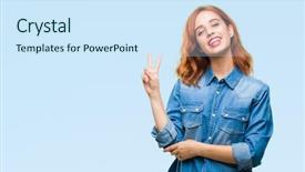  Presentation with victory - Amazing slide set having perfect peace - young beautiful woman over isolated backdrop and a sky blue colored foreground