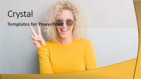  Presentation with real woman hair texture human - Colorful presentation theme enhanced with perfect peace - young blonde woman with curly backdrop and a  colored foreground