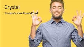  Presentation with meditation - Theme with perfect peace - young handsome man over isolated background and a yellow colored foreground