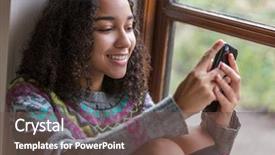  Presentation with african american teenager girl - Colorful PPT layouts enhanced with perfect teeth using mobile backdrop and a tawny brown colored foreground