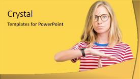  Presentation with time is running out - Presentation theme enhanced with perfect timing - beautiful young woman wearing glasses background and a  colored foreground