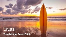  Presentation with sunset coast of the sea - PPT theme with perfect timing - surfboard on the beach background and a tawny brown colored foreground