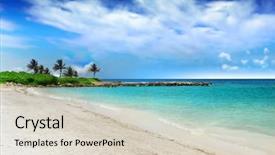  Presentation with turquoise beach - Slide deck featuring perfect tropical beach with white sand clear turquoise water and dramatic blue sky background and a lemonade colored foreground