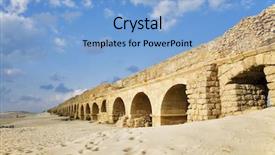  Presentation with aqueduct - PPT theme with perfectly kept aqueduct of the roman period at coast of mediterranean sea in israel background and a light blue colored foreground