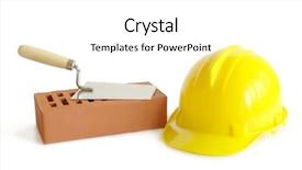  Presentation with white brick - Amazing PPT theme having perforated brick stainless steel trowel and yellow hard hat isolated on white backdrop and a white colored foreground