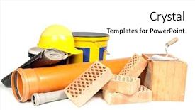  Presentation with sewage - Presentation enhanced with perforated bricks stainless steel trowel yellow helmet insulation tar paper sewage pipes and concrete primer bucket isolated on white background and a white colored foreground