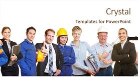  Presentation with global team workers - Slide set consisting of performance blue - workers and business people together background and a cream colored foreground