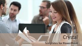  Presentation with new business ideas - Slide deck with performance budget - close up business team discussing background and a coral colored foreground