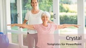  Presentation with health woman running female runner - Beautiful presentation theme featuring performance coaching - female coach assisting senior woman backdrop and a  colored foreground