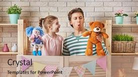  Presentation with teddy bear - Slide deck featuring performance in the puppet theater background and a coral colored foreground