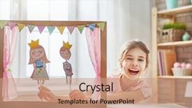  Presentation with happy kids - PPT theme having performance in the puppet theater background and a coral colored foreground