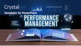  Presentation with performance management - Slide deck having performance-management-inscription-coming-out background and a ocean colored foreground