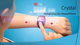  Presentation with smartwatch - PPT theme having performance measurement - female hand with smartwatch background and a light blue colored foreground