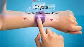  Presentation with smartwatch - PPT layouts having performance measurement - female hand with smartwatch background and a light blue colored foreground