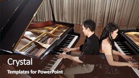  Presentation with two people talking - Audience pleasing PPT layouts consisting of performance with two grand pianos backdrop and a  colored foreground