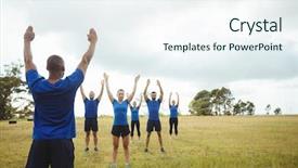  Presentation with stretching - Colorful slides enhanced with performing stretching exercise in bootcamp backdrop and a  colored foreground