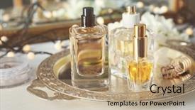  Presentation with perfume - Slide set consisting of perfume bottles on white table background and a coral colored foreground