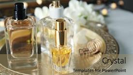  Presentation with perfume - Theme consisting of perfume bottles on white table background and a  colored foreground