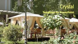  Presentation with green city - Colorful PPT layouts enhanced with pergola - street cafe interior in green backdrop and a tawny brown colored foreground