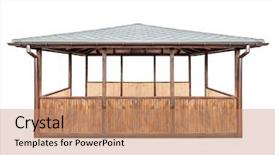  Presentation with white house - PPT theme featuring pergola - wooden house isolated on white background and a coral colored foreground