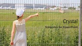  Presentation with naughty girl is standing - Presentation theme consisting of perimenter security control - girl stands near lattice background and a yellow colored foreground