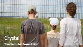  Presentation with airport security - PPT theme with perimenter security control - woman and two children standing background and a tawny brown colored foreground