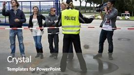  Presentation with police - Colorful PPT theme enhanced with perimeter - police woman keeping bystanders backdrop and a gray colored foreground