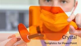  Presentation with dentist - PPT layouts enhanced with periodontal - dentist in mask holds ultraviolet background and a gold colored foreground